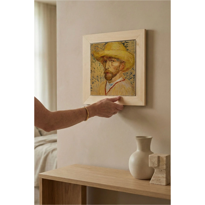 Vincent Van Gogh - Self-Portrait with a Straw Hat - Doğal Ahşap Çerçeveli Taş Tablo