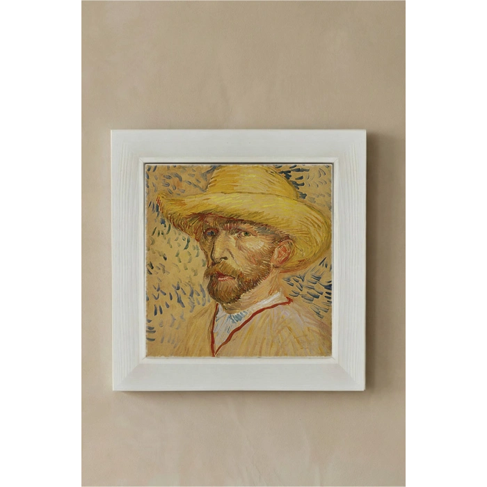 Vincent Van Gogh - Self-Portrait with a Straw Hat - Doğal Ahşap Çerçeveli Taş Tablo