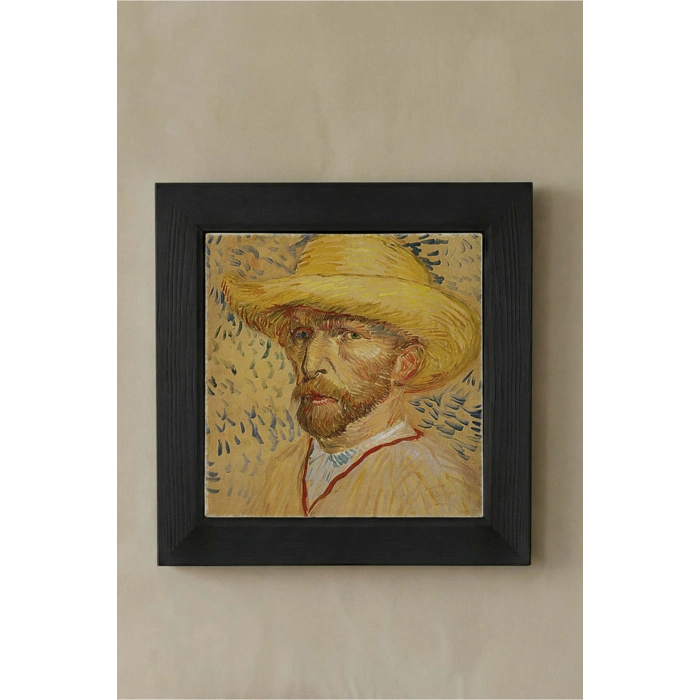 Vincent Van Gogh - Self-Portrait with a Straw Hat - Doğal Ahşap Çerçeveli Taş Tablo