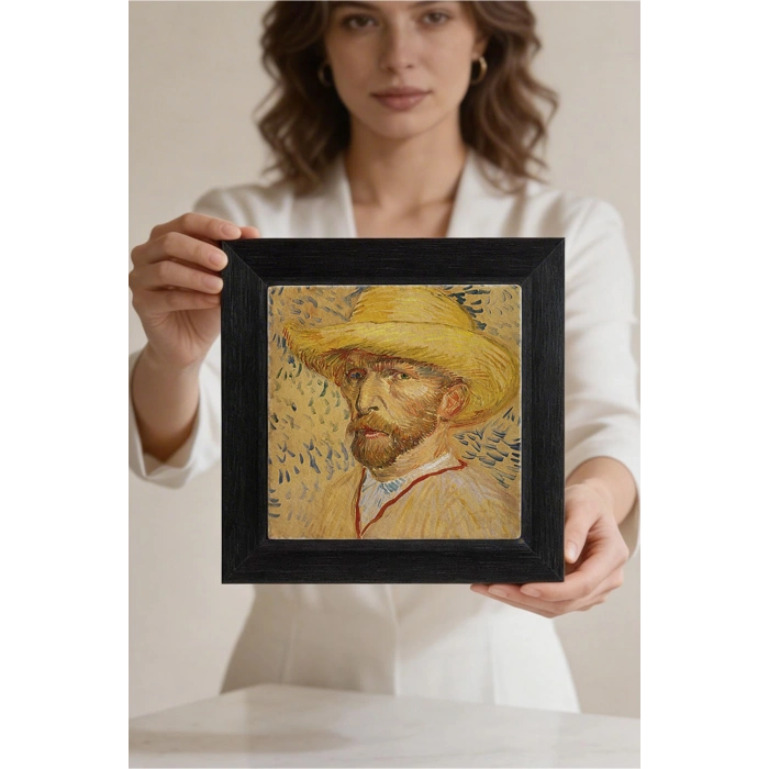 Vincent Van Gogh - Self-Portrait with a Straw Hat - Doğal Ahşap Çerçeveli Taş Tablo