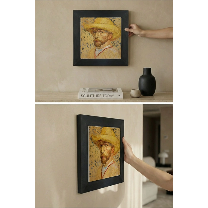 Vincent Van Gogh - Self-Portrait with a Straw Hat - Doğal Ahşap Çerçeveli Taş Tablo