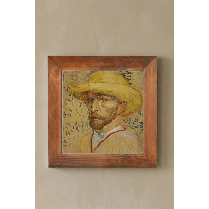 Vincent Van Gogh - Self-Portrait with a Straw Hat - Doğal Ahşap Çerçeveli Taş Tablo