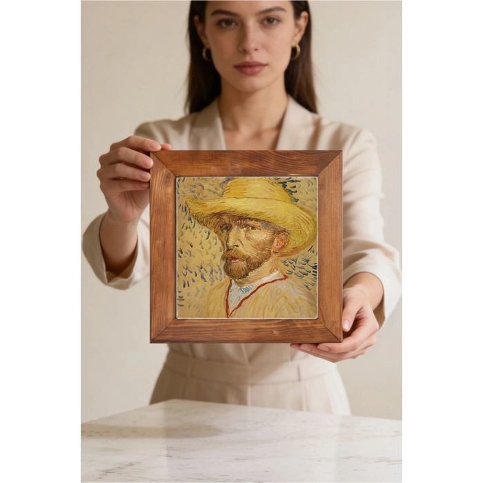 Vincent Van Gogh - Self-Portrait with a Straw Hat - Doğal Ahşap Çerçeveli Taş Tablo