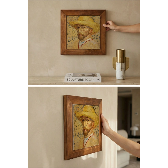 Vincent Van Gogh - Self-Portrait with a Straw Hat - Doğal Ahşap Çerçeveli Taş Tablo