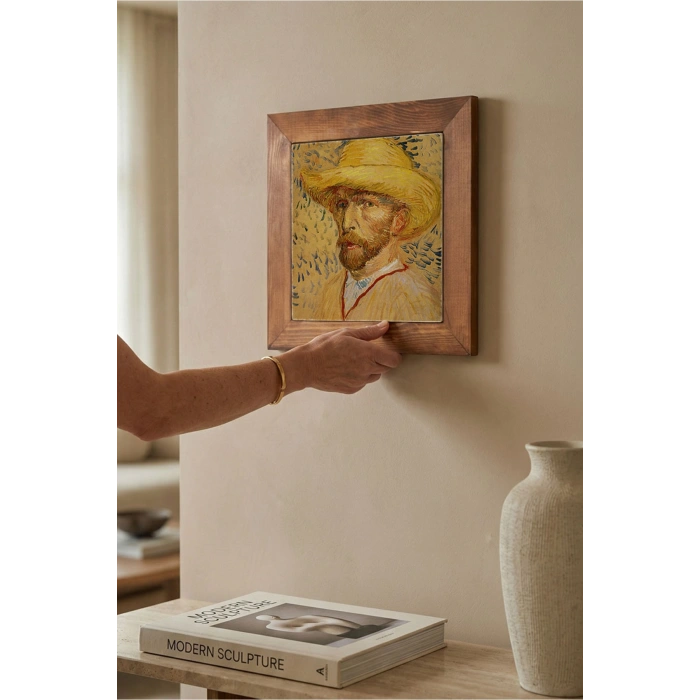 Vincent Van Gogh - Self-Portrait with a Straw Hat - Doğal Ahşap Çerçeveli Taş Tablo