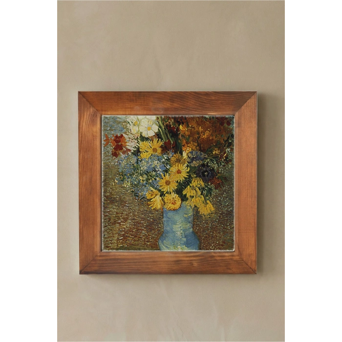Vincent Van Gogh - Flowers in a Blue Vase - Doğal Ahşap Çerçeveli Taş Tablo