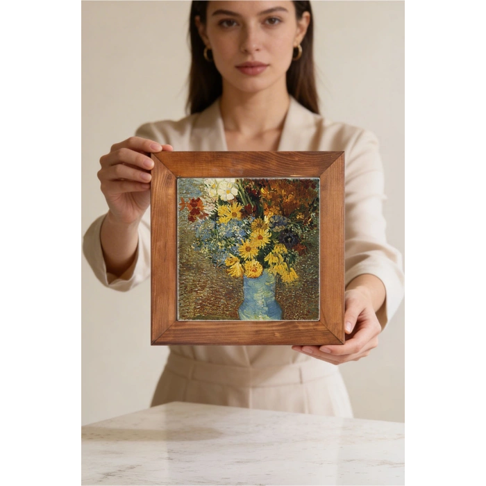 Vincent Van Gogh - Flowers in a Blue Vase - Doğal Ahşap Çerçeveli Taş Tablo