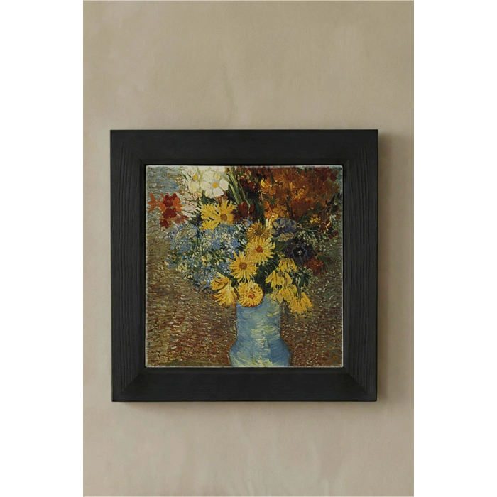 Vincent Van Gogh - Flowers in a Blue Vase - Doğal Ahşap Çerçeveli Taş Tablo