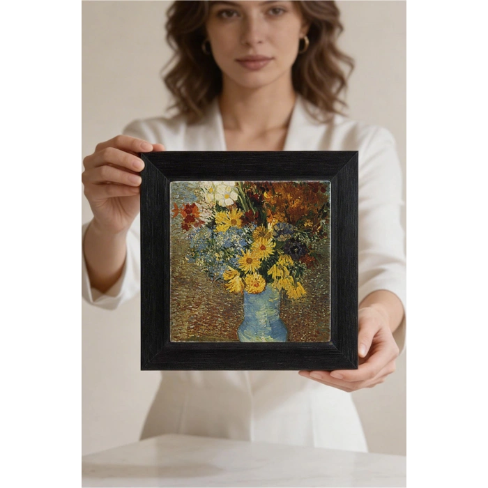 Vincent Van Gogh - Flowers in a Blue Vase - Doğal Ahşap Çerçeveli Taş Tablo