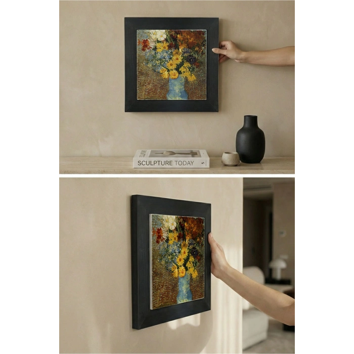 Vincent Van Gogh - Flowers in a Blue Vase - Doğal Ahşap Çerçeveli Taş Tablo