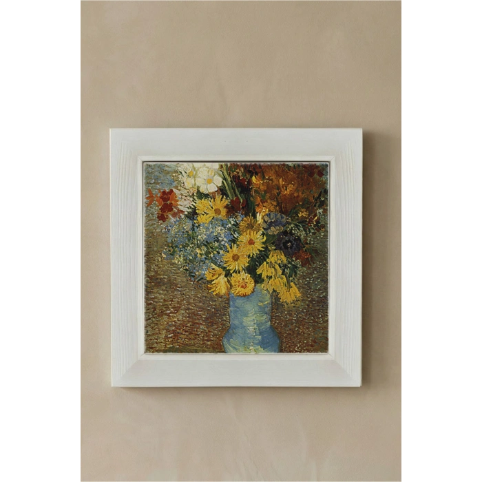 Vincent Van Gogh - Flowers in a Blue Vase - Doğal Ahşap Çerçeveli Taş Tablo