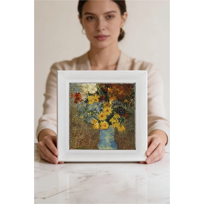 Vincent Van Gogh - Flowers in a Blue Vase - Doğal Ahşap Çerçeveli Taş Tablo