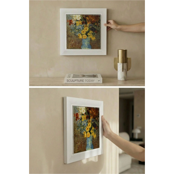 Vincent Van Gogh - Flowers in a Blue Vase - Doğal Ahşap Çerçeveli Taş Tablo