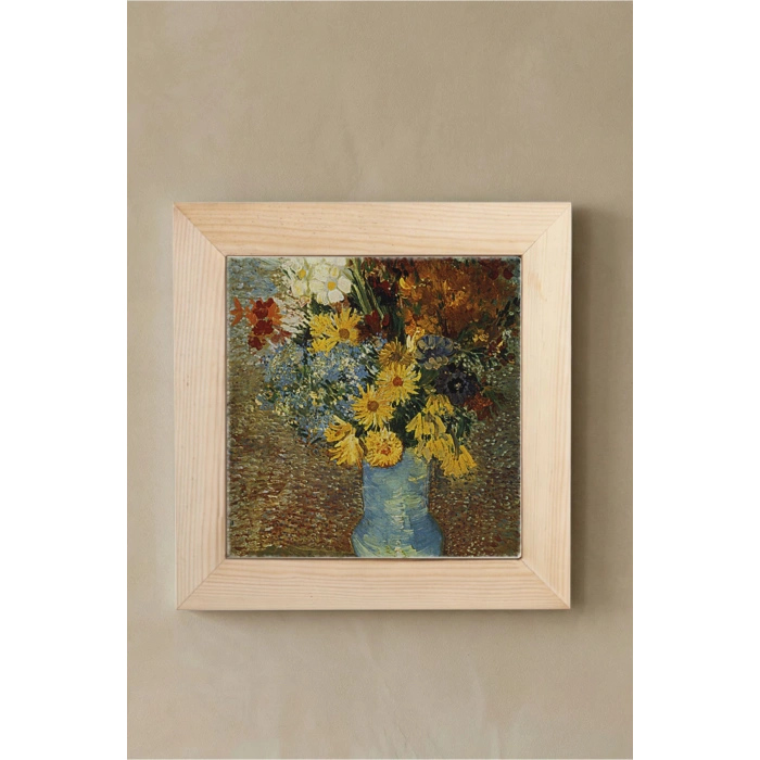 Vincent Van Gogh - Flowers in a Blue Vase - Doğal Ahşap Çerçeveli Taş Tablo
