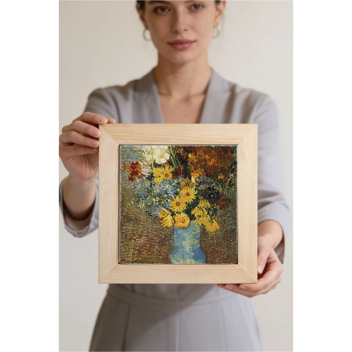 Vincent Van Gogh - Flowers in a Blue Vase - Doğal Ahşap Çerçeveli Taş Tablo