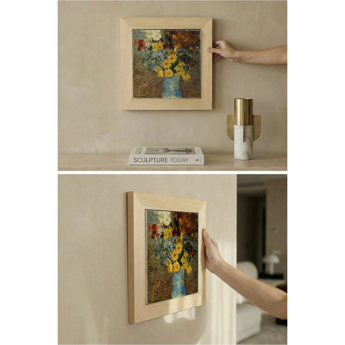 Vincent Van Gogh - Flowers in a Blue Vase - Doğal Ahşap Çerçeveli Taş Tablo