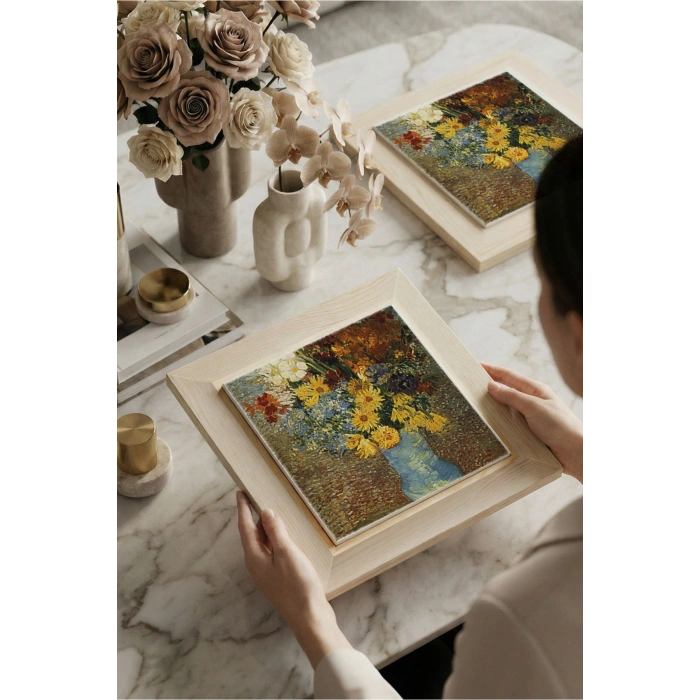 Vincent Van Gogh - Flowers in a Blue Vase - Doğal Ahşap Çerçeveli Taş Tablo