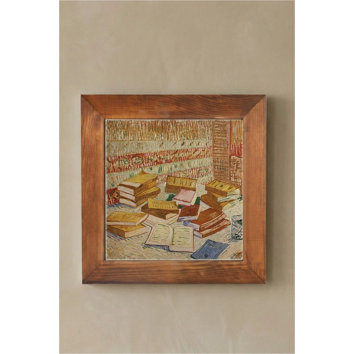 Vincent Van Gogh - French Novels and Glass With a Rose - Doğal Ahşap Çerçeveli Taş Tablo