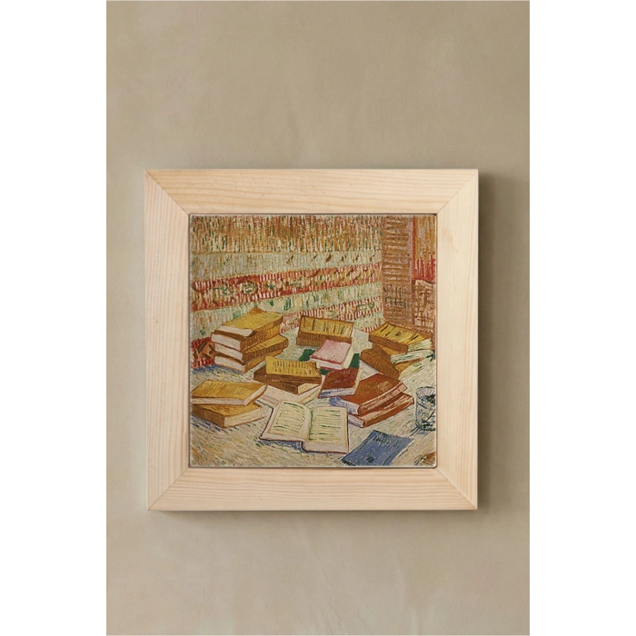 Vincent Van Gogh - French Novels and Glass With a Rose - Doğal Ahşap Çerçeveli Taş Tablo