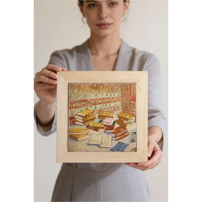 Vincent Van Gogh - French Novels and Glass With a Rose - Doğal Ahşap Çerçeveli Taş Tablo
