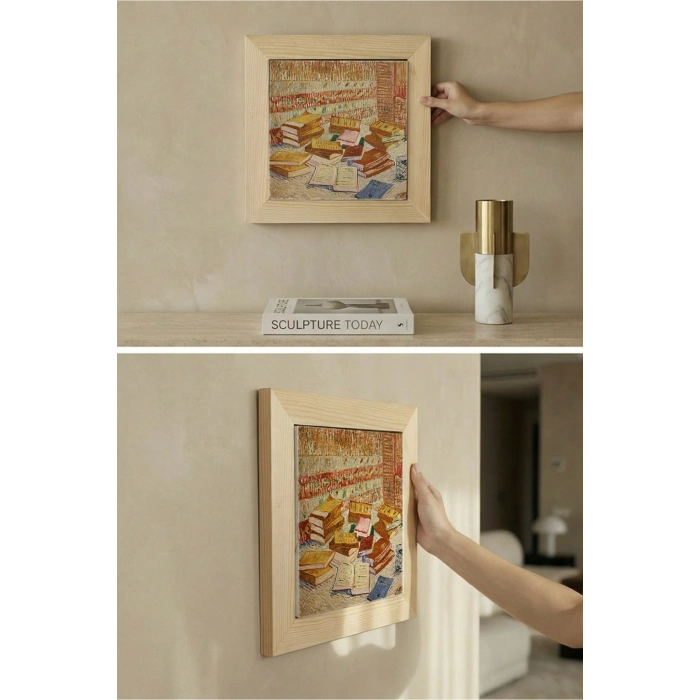 Vincent Van Gogh - French Novels and Glass With a Rose - Doğal Ahşap Çerçeveli Taş Tablo