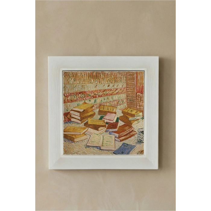 Vincent Van Gogh - French Novels and Glass With a Rose - Doğal Ahşap Çerçeveli Taş Tablo