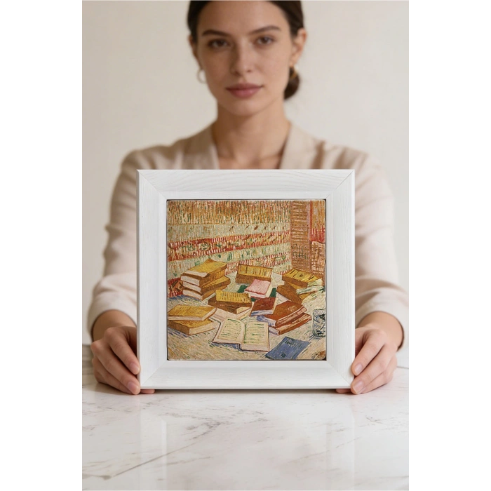 Vincent Van Gogh - French Novels and Glass With a Rose - Doğal Ahşap Çerçeveli Taş Tablo