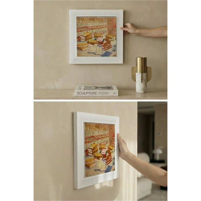 Vincent Van Gogh - French Novels and Glass With a Rose - Doğal Ahşap Çerçeveli Taş Tablo