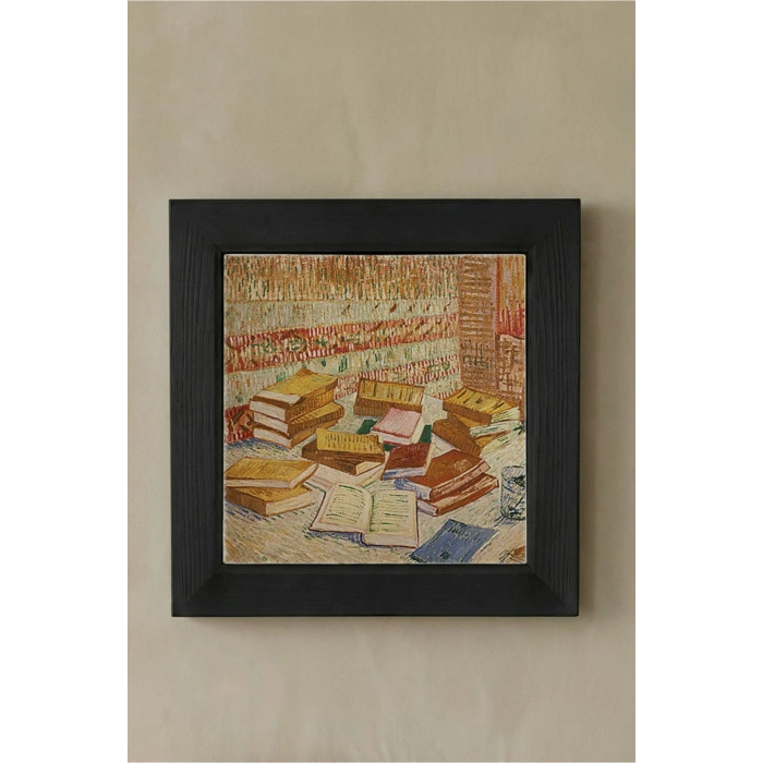 Vincent Van Gogh - French Novels and Glass With a Rose - Doğal Ahşap Çerçeveli Taş Tablo