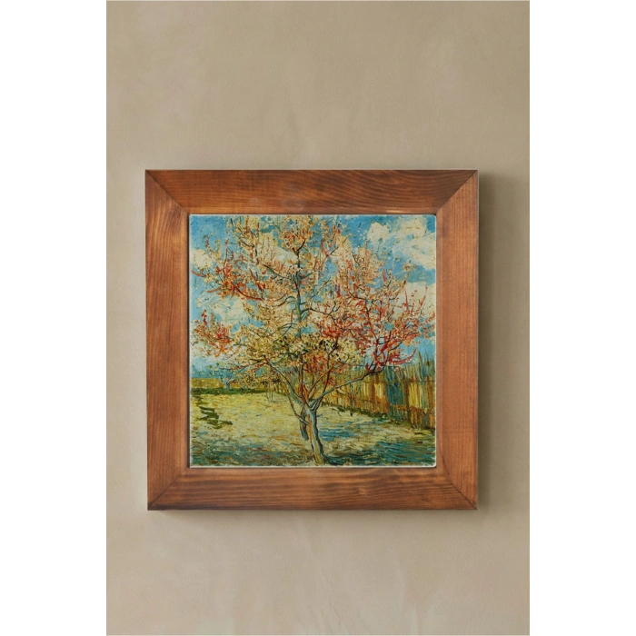 Vincent Van Gogh - Flowering Peach Trees - Doğal Ahşap Çerçeveli Taş Tablo