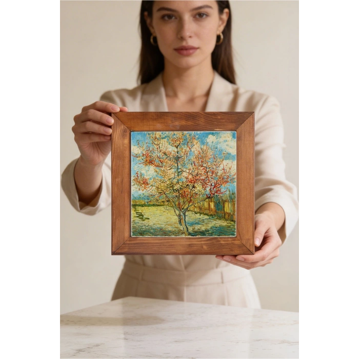 Vincent Van Gogh - Flowering Peach Trees - Doğal Ahşap Çerçeveli Taş Tablo