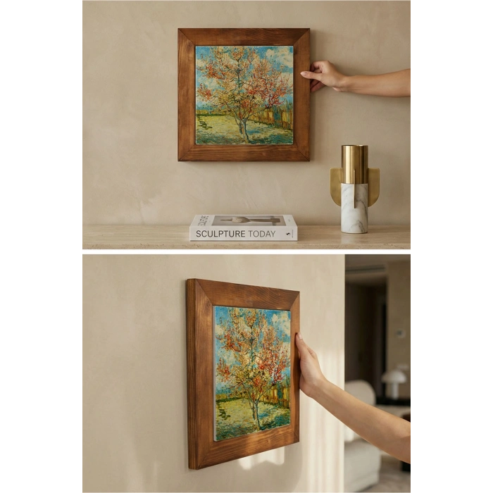 Vincent Van Gogh - Flowering Peach Trees - Doğal Ahşap Çerçeveli Taş Tablo