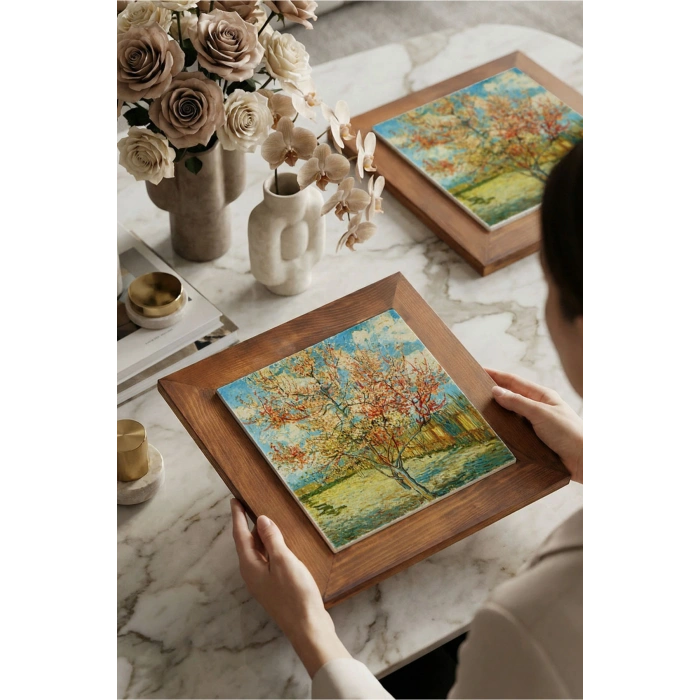 Vincent Van Gogh - Flowering Peach Trees - Doğal Ahşap Çerçeveli Taş Tablo