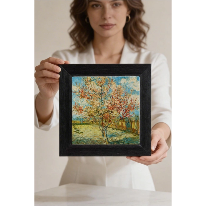Vincent Van Gogh - Flowering Peach Trees - Doğal Ahşap Çerçeveli Taş Tablo
