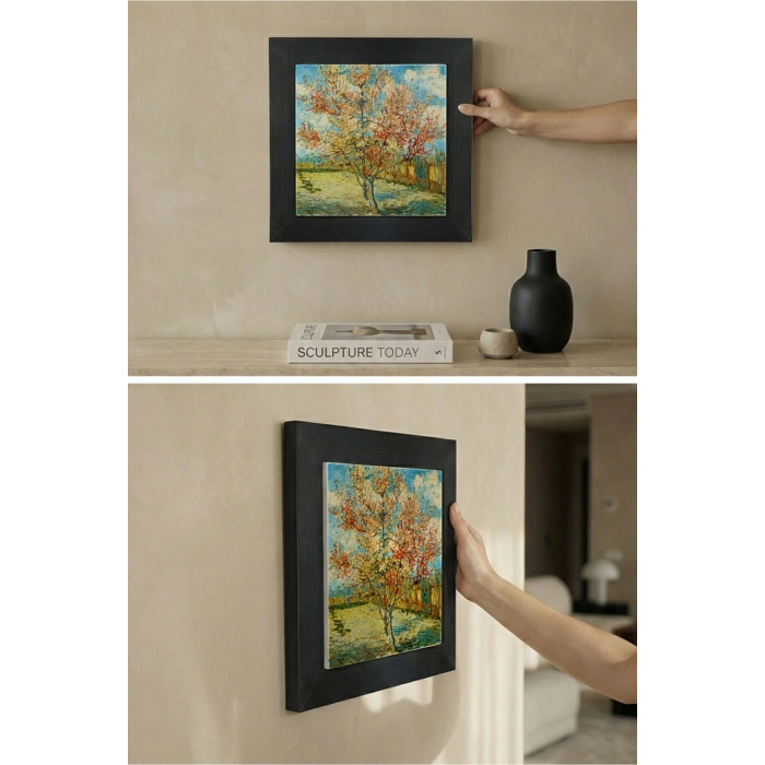 Vincent Van Gogh - Flowering Peach Trees - Doğal Ahşap Çerçeveli Taş Tablo