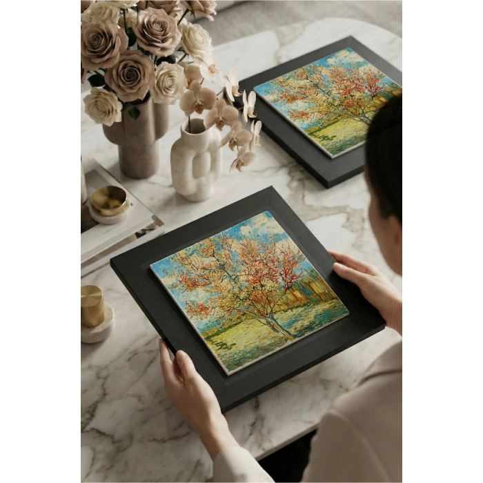 Vincent Van Gogh - Flowering Peach Trees - Doğal Ahşap Çerçeveli Taş Tablo