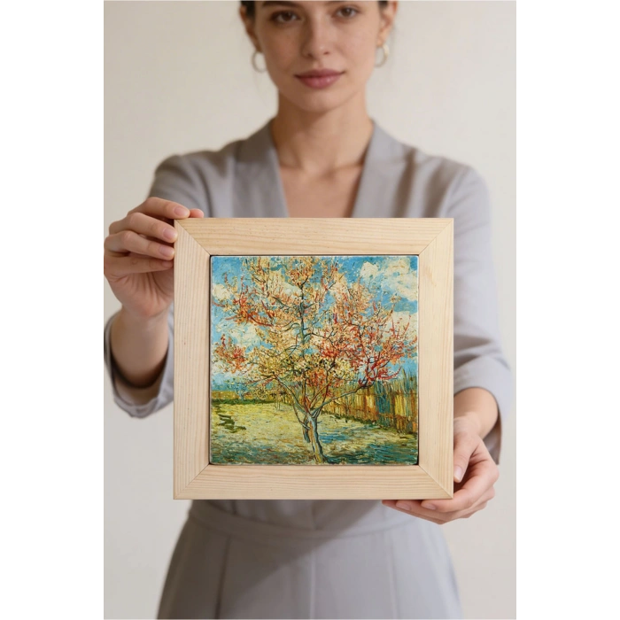 Vincent Van Gogh - Flowering Peach Trees - Doğal Ahşap Çerçeveli Taş Tablo