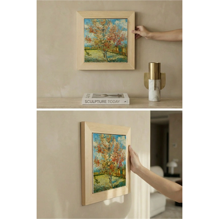 Vincent Van Gogh - Flowering Peach Trees - Doğal Ahşap Çerçeveli Taş Tablo