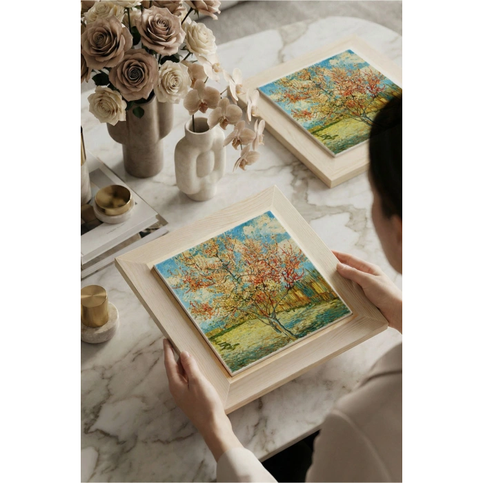 Vincent Van Gogh - Flowering Peach Trees - Doğal Ahşap Çerçeveli Taş Tablo