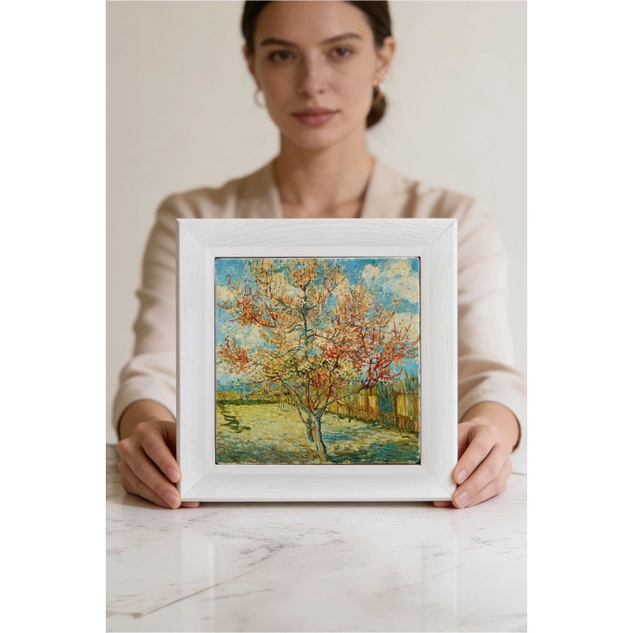 Vincent Van Gogh - Flowering Peach Trees - Doğal Ahşap Çerçeveli Taş Tablo