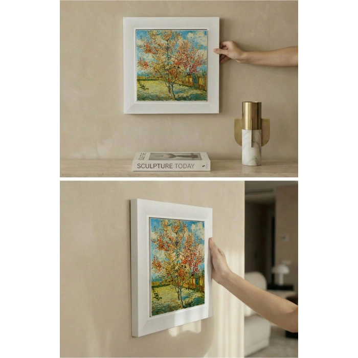 Vincent Van Gogh - Flowering Peach Trees - Doğal Ahşap Çerçeveli Taş Tablo