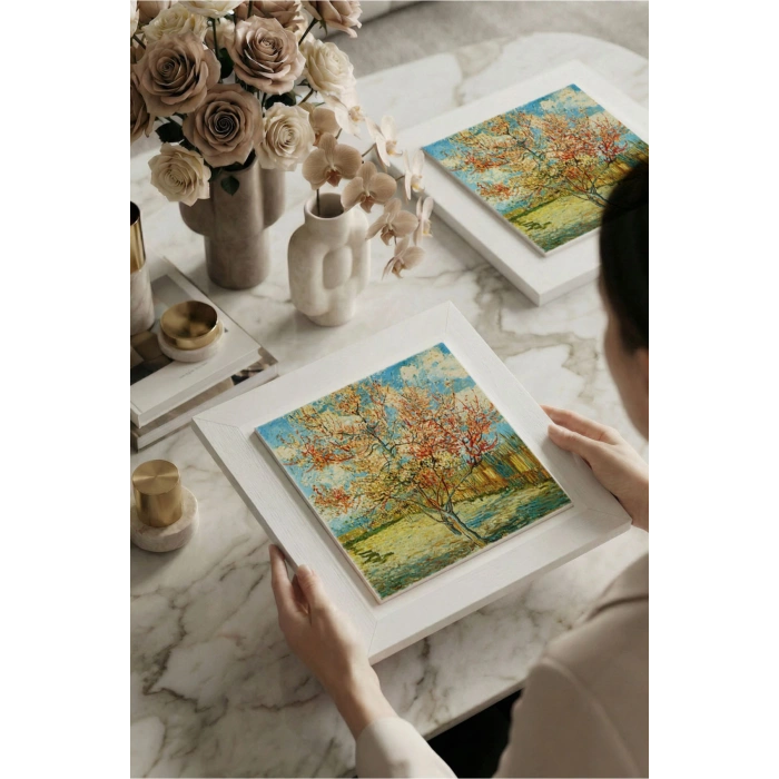 Vincent Van Gogh - Flowering Peach Trees - Doğal Ahşap Çerçeveli Taş Tablo