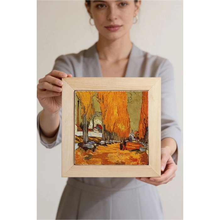 Vincent Van Gogh - Les Alycamps Alycamps - Doğal Ahşap Çerçeveli Taş Tablo