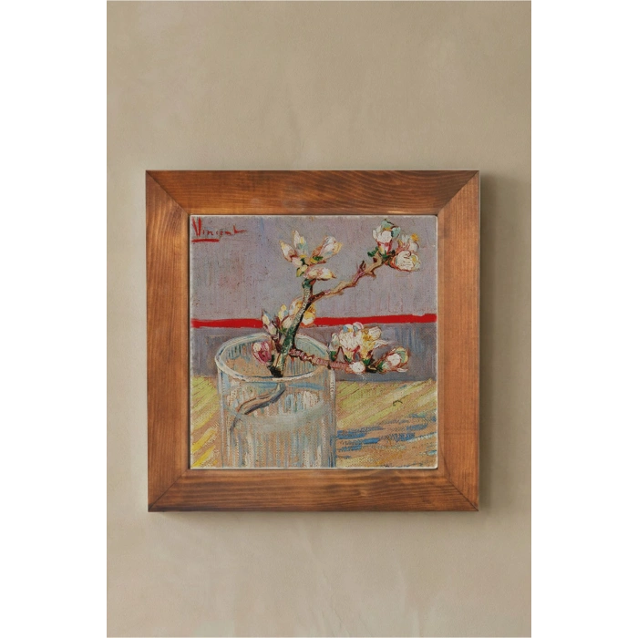 Vincent Van Gogh - Blossoming Almond Branch in a Glass- Doğal Ahşap Çerçeveli Taş Tablo