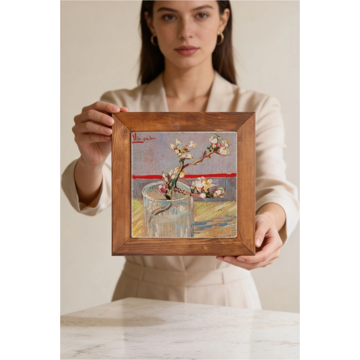 Vincent Van Gogh - Blossoming Almond Branch in a Glass- Doğal Ahşap Çerçeveli Taş Tablo