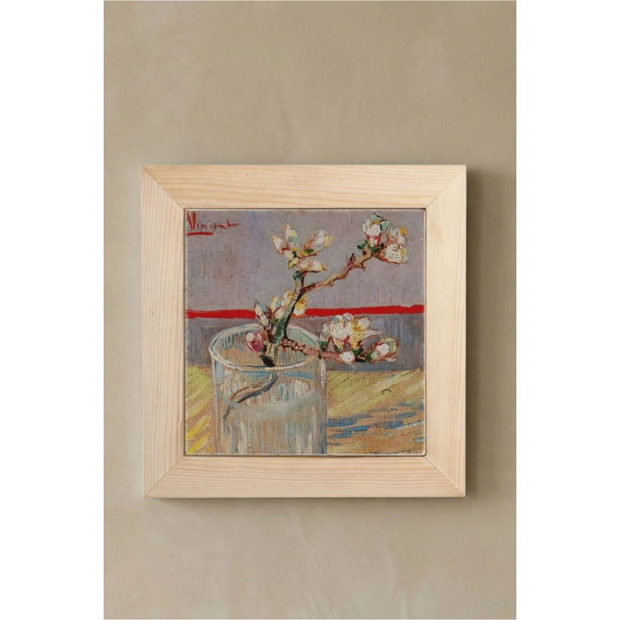 Vincent Van Gogh - Blossoming Almond Branch in a Glass- Doğal Ahşap Çerçeveli Taş Tablo