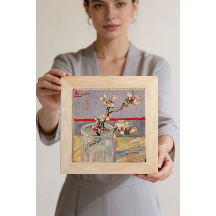 Vincent Van Gogh - Blossoming Almond Branch in a Glass- Doğal Ahşap Çerçeveli Taş Tablo