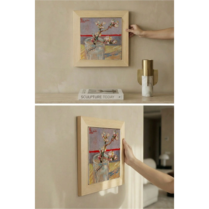 Vincent Van Gogh - Blossoming Almond Branch in a Glass- Doğal Ahşap Çerçeveli Taş Tablo