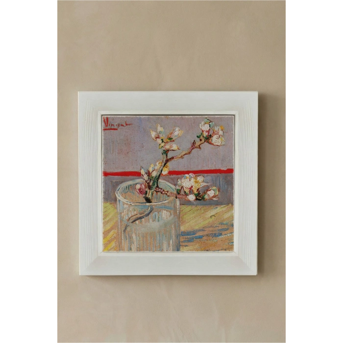 Vincent Van Gogh - Blossoming Almond Branch in a Glass- Doğal Ahşap Çerçeveli Taş Tablo