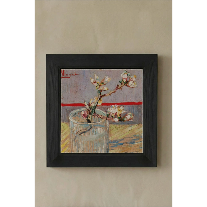 Vincent Van Gogh - Blossoming Almond Branch in a Glass- Doğal Ahşap Çerçeveli Taş Tablo